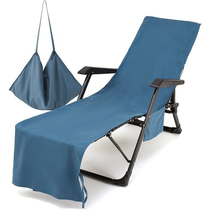Housse de transat microfibre 75 x 215 cm - bleu foncé avec 3 poches latérales pliable et légère pour extérieur Housse de transat microfibre 75 x 215 cm - bleu foncé avec 3 poches latérales pliable et légère pour extérieur