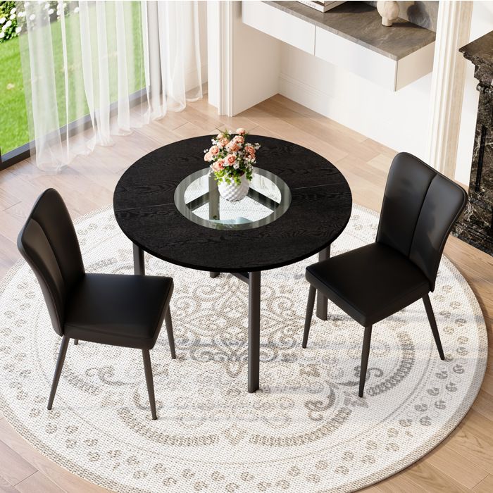 WOVREO Ensemble table ronde 100 cm et 2 chaises noires PU pieds metal plateau MDF aspect bois noir verre