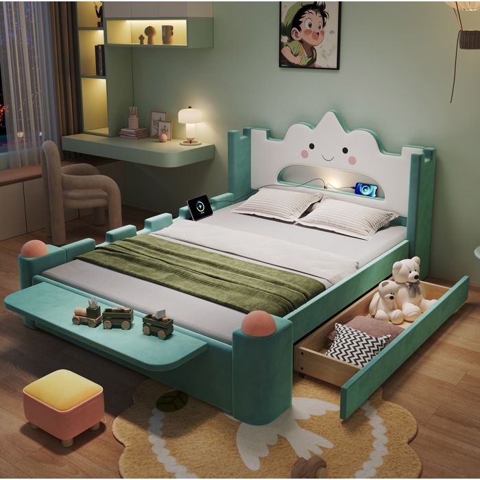 Lit Enfant avec Tete de Lit Nuage Tiroir Reversible Lampe LED USB Tablette Rabattable - TCQPZ - Velours - Bleu Vert