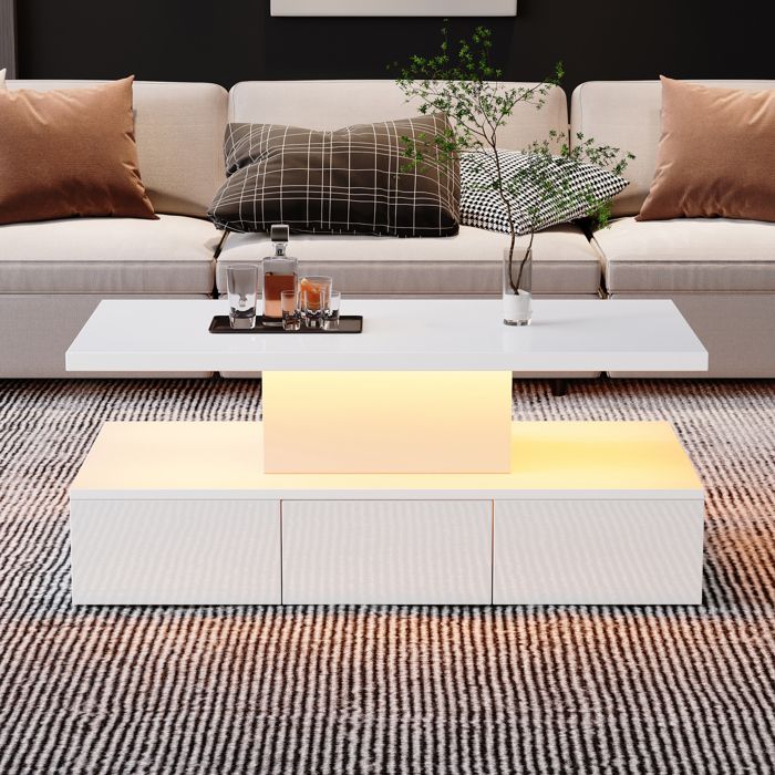 Table Basse Rectangulaire Blanche LED Table De Salon Brillante FloraGrace Pour Salon Avec 1 Tiroir Et Niche Ouverte 100x50x39cm