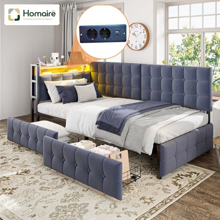 Canapé convertible rembourré avec tiroirs de rangement tête de lit LED USB Type-C cadre métal HOMAIRE