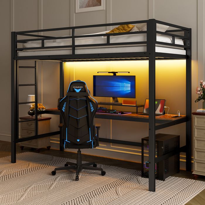 Design solide et sécurisé lit mezzanine surélevé avec éclairage led en métal couleur noir