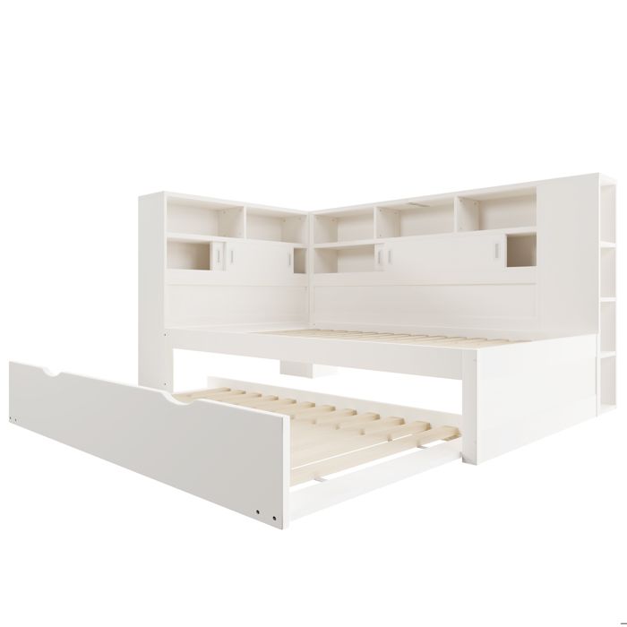 Lit combiné enfant blanc 90 x 200 cm avec lit gigogne 90 x 190 cm rangements et prise USB