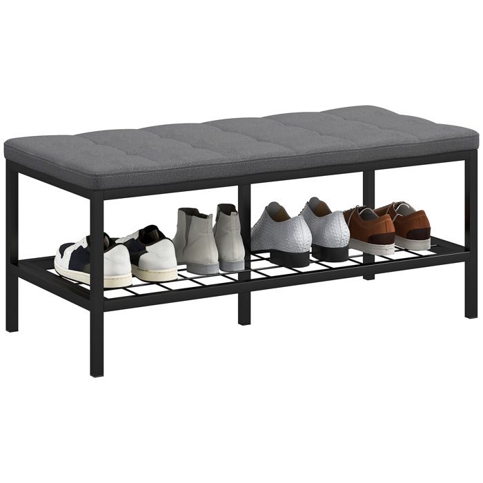 Gris banc à chaussures avec coussin rembourré étagère de rangement en maille métallique pour entrée