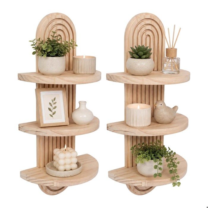 Relaxdays Étagères murales Boho lot de 2 3 tablettes bois de pin forme arc 45x21 5x12cm naturel