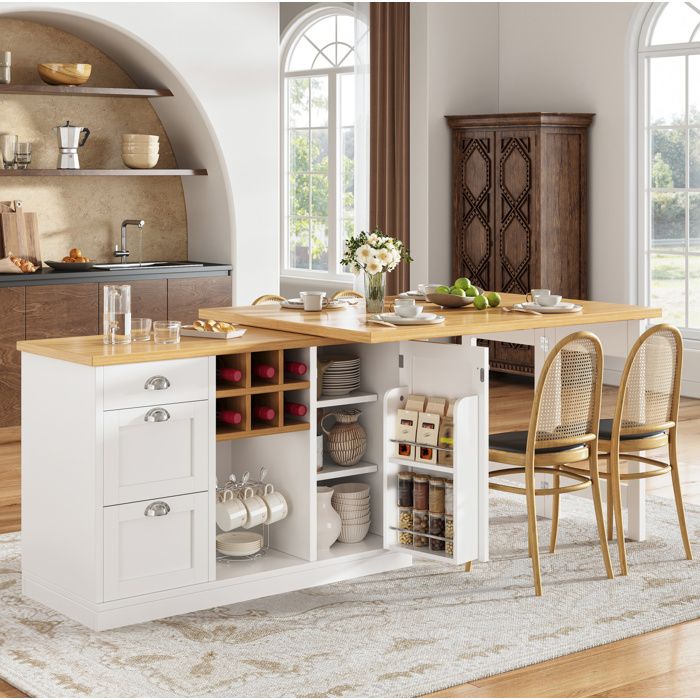 Îlot de cuisine extensible avec rangement porte-bouteilles tiroir et plateau rabattable pivotant à 360° mange-debout blanc
