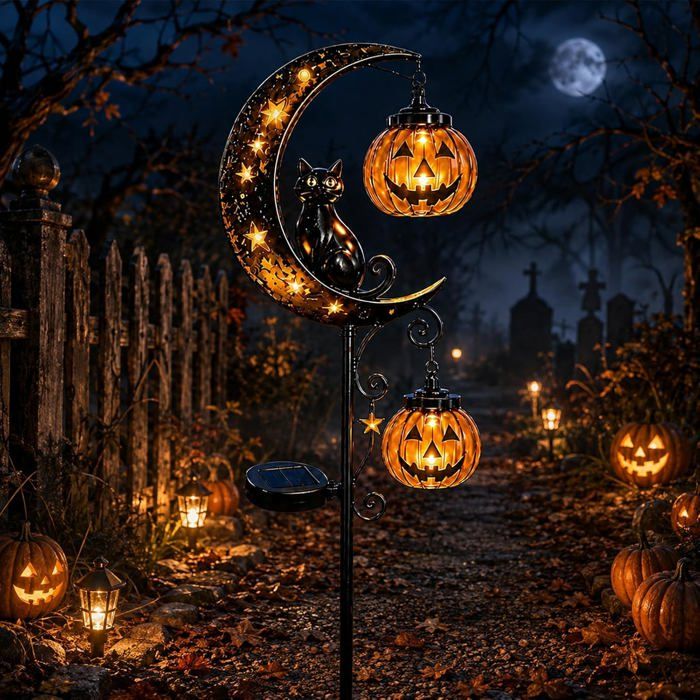 Lampe solaire extérieure - Piquet de jardin Halloween chat et citrouille lumineux (Multicolore)