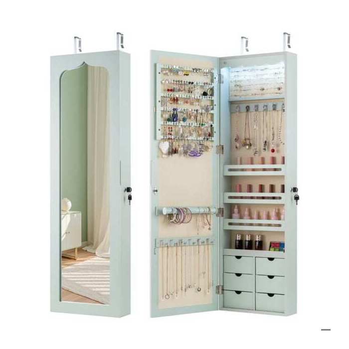 Armoire à bijoux avec miroir LED et serrure 6 tiroirs fixation murale ou porte rangement chambre