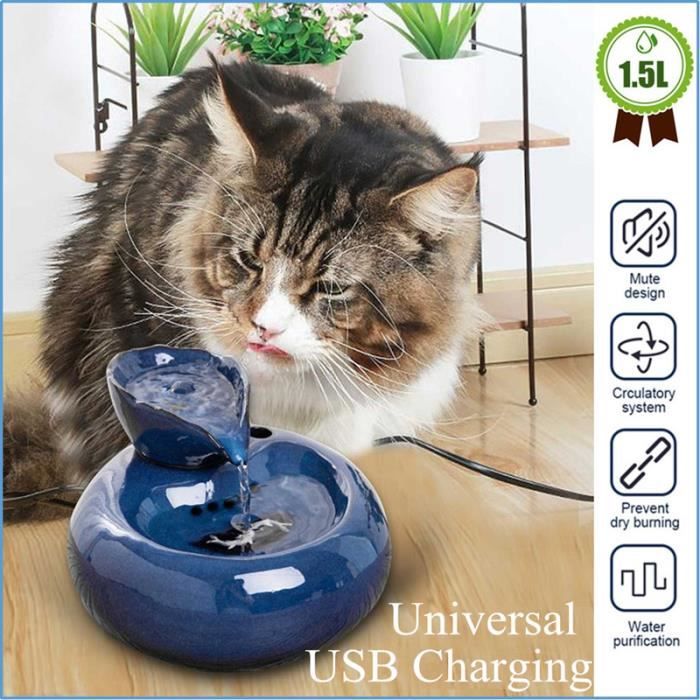 Fontaine à Eau Pour Chat WIYETY 1.5L - Ultra Silencieuse (30dB), Avec Filtre, Anti-dérapante, Bleue