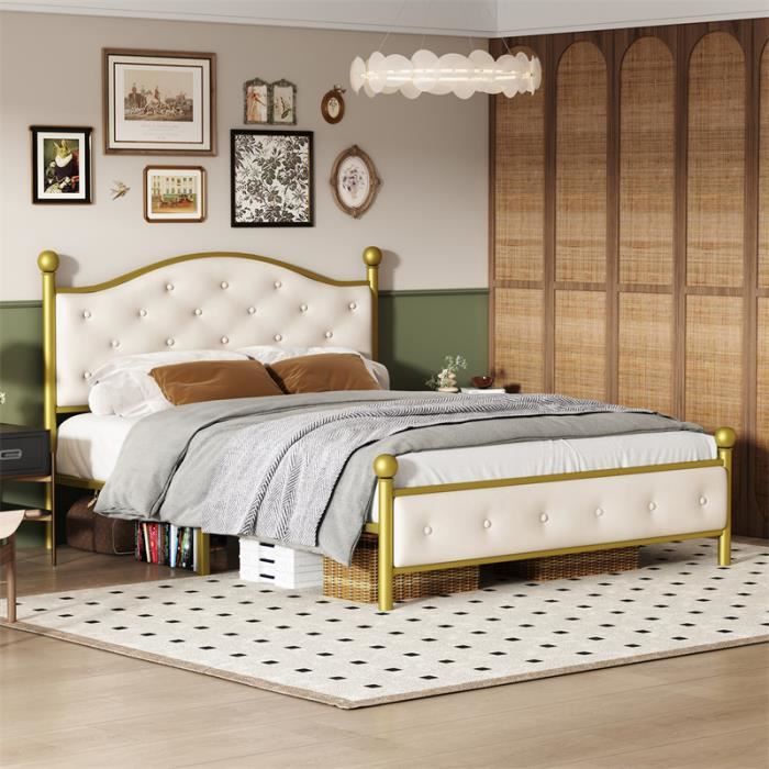 lit adulte en métal -  avec sommier à lattes, tête de lit - lit d'amis lit de jeunes pour chambre - 140x200 cm doré