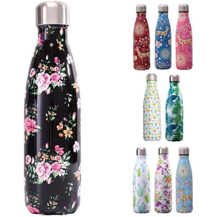 500ml Bouteille deau Sport Gourde Inox Isotherme Sans BPA Impression Petites Fleurs Noir fleurs