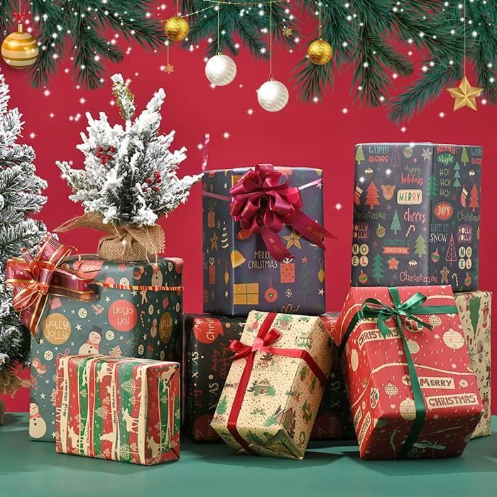 LSRVNM Papier D'emballage De Noël, 10 Feuilles Papier Cadeau Kraft Recyclé 70 X 50CM, Ensemble De Papier Cadeau De Noël Avec 10 Étiquettes + 10m Corde