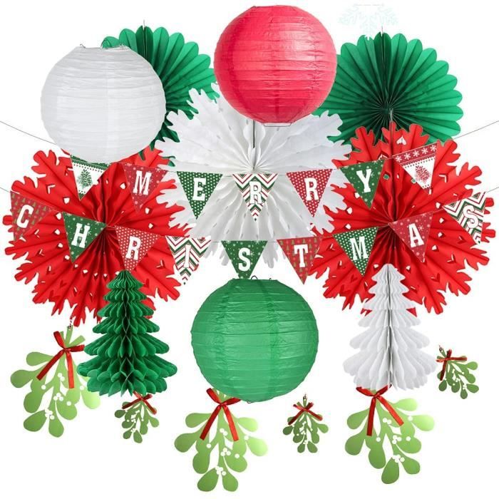 SUNBEAUTY Merry Christmas Decorations Kit Rosace Papier Rouge Vert Blanc Lanterne Papier Noel Deco Gui Guirlande pour Maison Chambre Creche Supermarche