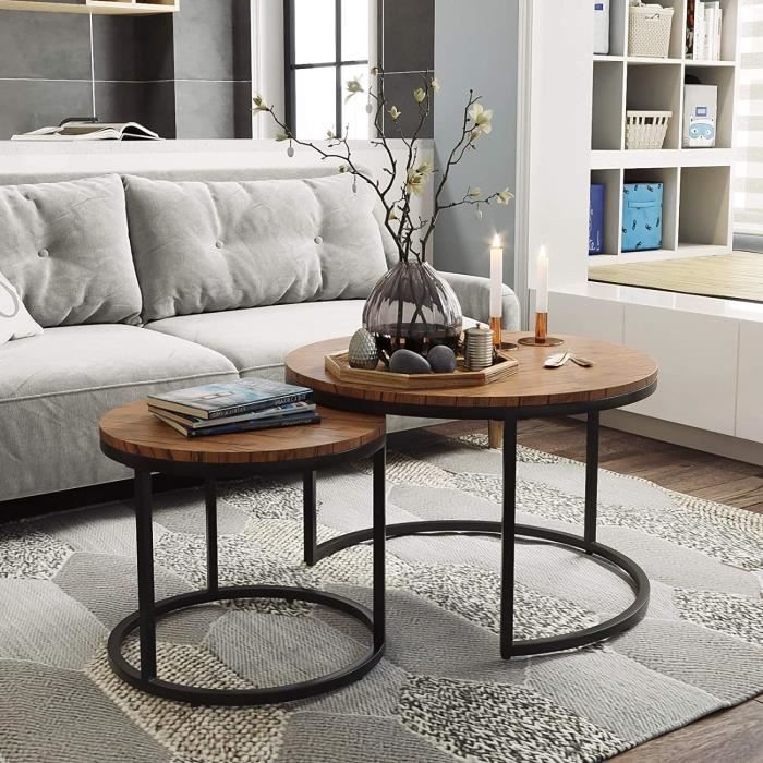 Lot De 2 Tables Basses Gigognes Rondes Bois - Style Moderne Salon Noyer