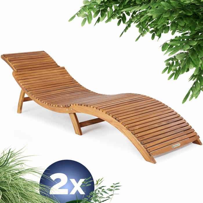 CASARIA® 2x Chaises longues pliables en bois dacacia avec appuie-tête réglable 190 x 60 x 51 cm Bain de soleil jardin extérieur