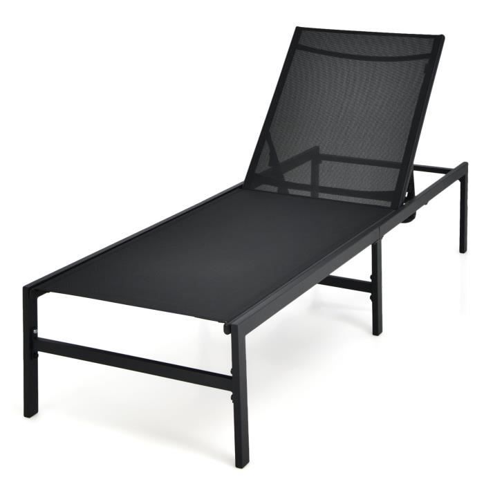 costway transat inclinable chaise longue de jardin dossier réglable 5 positions, pour piscine, plage, terrasse, charge 150 kg, noir