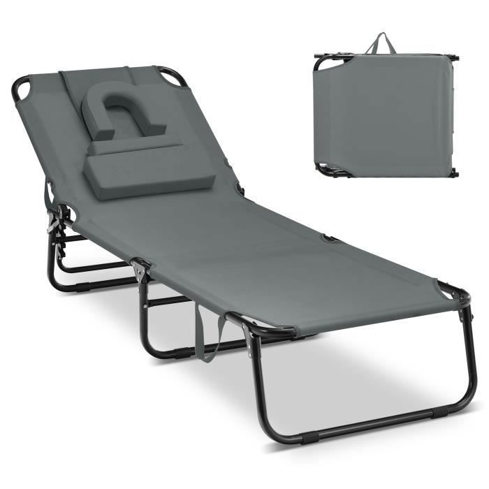 costway chaise longue pliante réglable à 5 positions - appuie-tête et cavité faciale, pour terrasse, camping, 160 kg, gris
