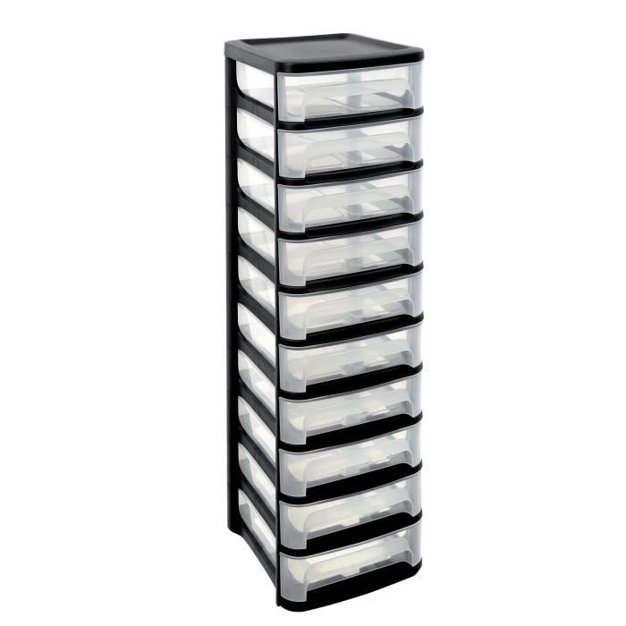 Tour de rangement carrée avec couvercle Optimo 10 tiroirs en polypropylène  coloris transparent et noir