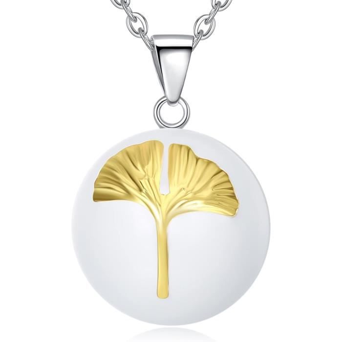 Collier Argenté Avec Cabochon Blanc Neige (20mm) - Longueur 46-50cm, Pochette Offerte