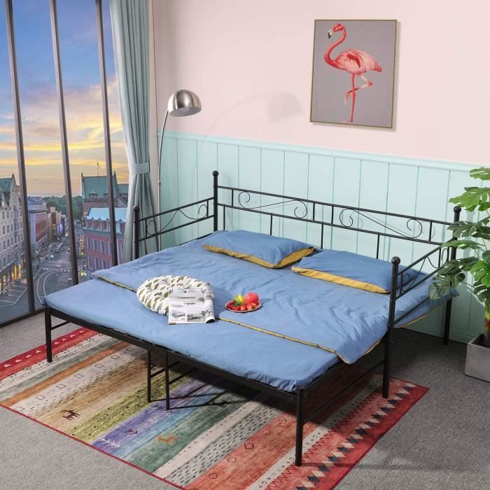 lit adult en métal canapé-lit métal,peut être prolongé de 95-177cm,lit double pour adulte,noir
