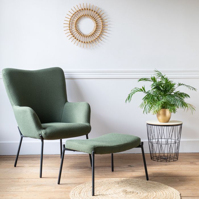 Fauteuil en tissu boucle vert kaki avec repose-pieds EIRA Fauteuil en tissu boucle vert kaki avec repose-pieds EIRA