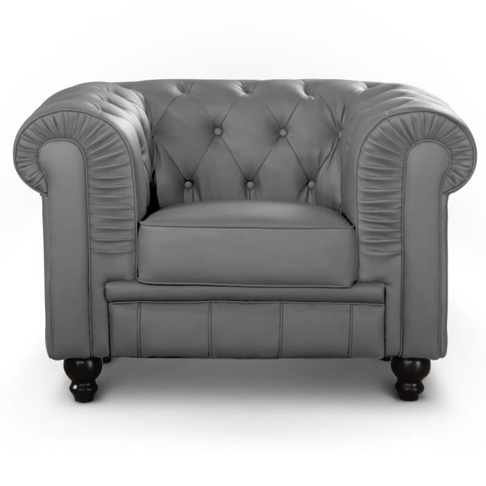 fauteuil chesterfield gris - menzzo - classique - intemporel - cuir - avec accoudoirs - non déhoussable