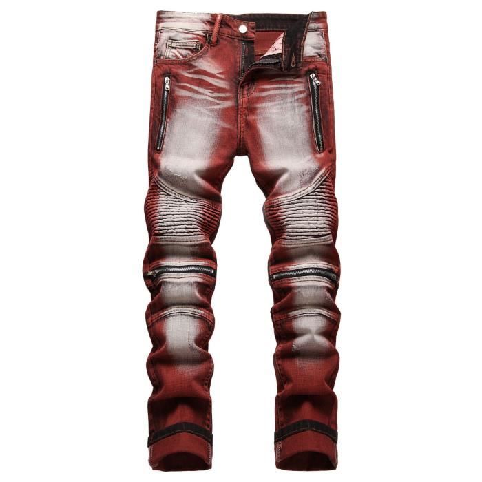 Jeans Moto Homme Extensible Bordeaux Pliss Mode Zipp Casual Win