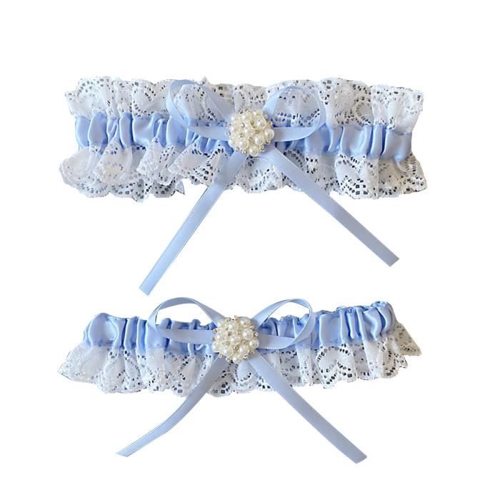 Lot 2 Jarretelles Mariée Dentelle Blanche Avec Perles Et Jarretière Bleue - Accessoire Mariage Élégant