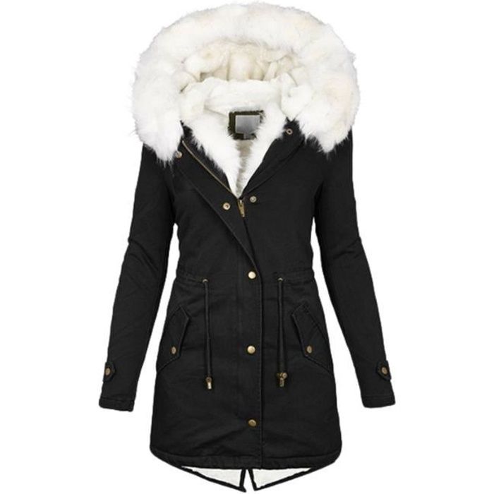 Manteau Femme Marque Modele Manches Longues Capuchon en Fourrure Blouson Zippe Veste Parka Epaisse