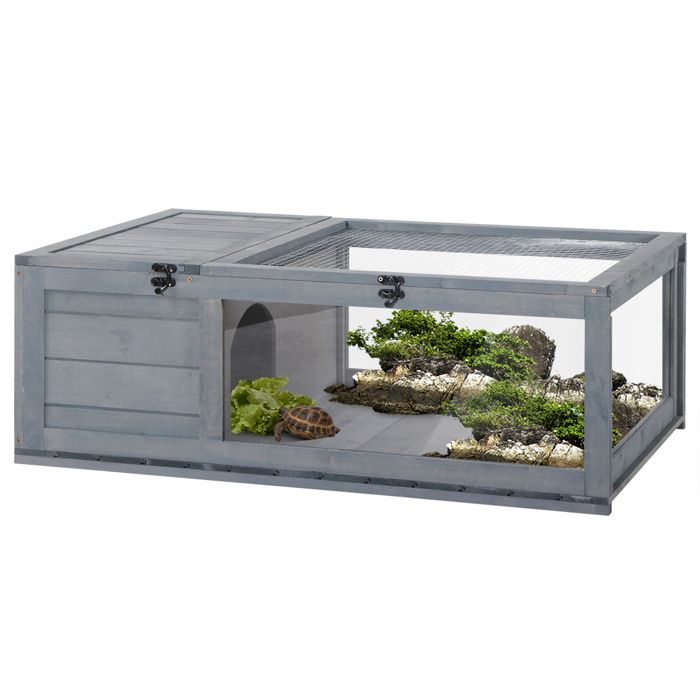 Maison pour tortues - PawHut - espace modulable habitat 2 zones toit ouvrable enclos reptiles - bois - 91x605x32cm - gris