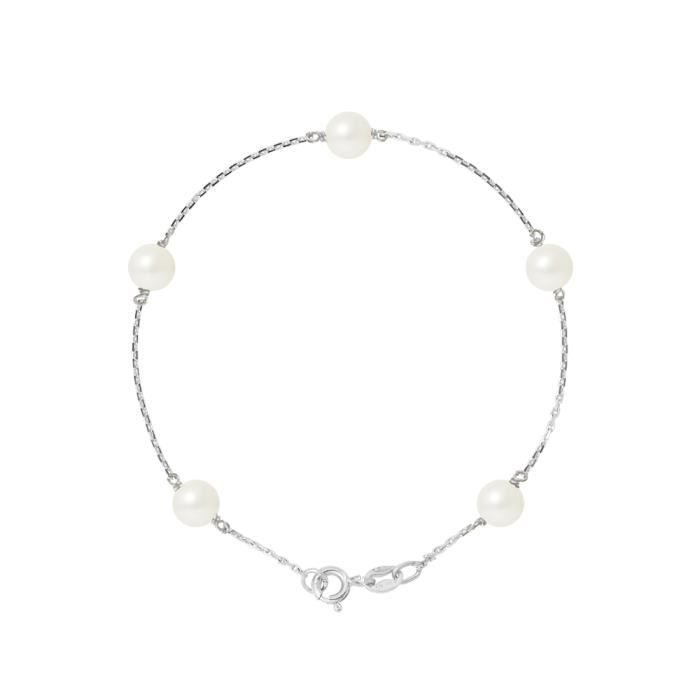 PERLINEA - Bracelet - 5 Véritables Perles de Culture d'Eau Douce Rondes 6-7 mm Blanc Naturel - Argent 925 Millièmes - Bijoux Femme