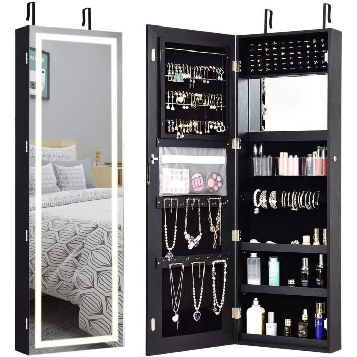 RELAX4LIFE Armoire à Bijoux Murale Lumineux avec Miroir, Armoire de Rangement Verrouillable avec Doublure en Flanelle, Noir