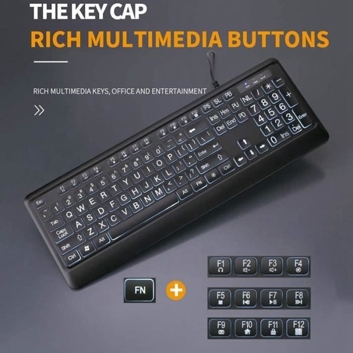 Clavier RéTroéClairé de Luxe, Clavier USB Filaire à Gros CaractèRes ...