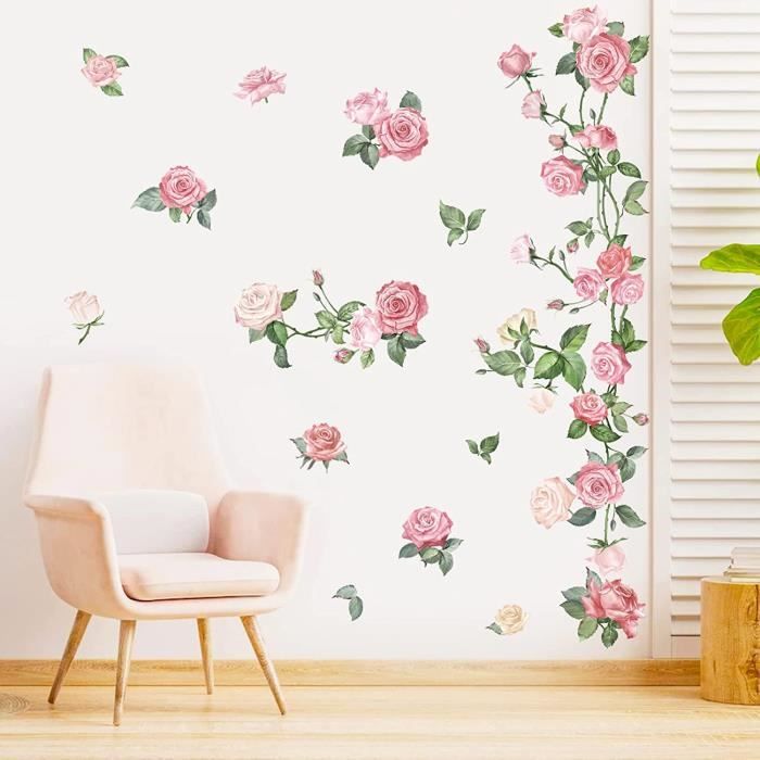 Decalmile s Muraux Fleurs des Rose Autocollant Mural Floral Rose Aquarelle  Décoration Murale Chambre Bébé Fille Saloureau TV Mur220 - Cdiscount Maison