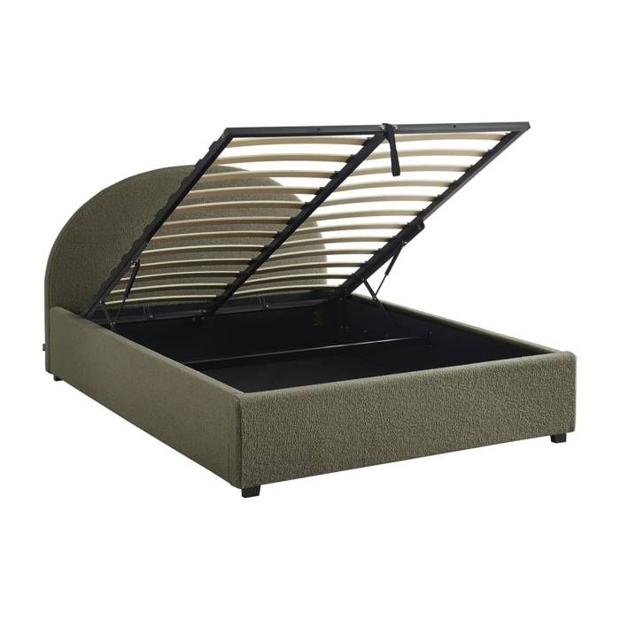Lit coffre avec sommier à lattes et tête de lit. finition bouclette. kaki. L 206 x P 153.5 x H 102cm