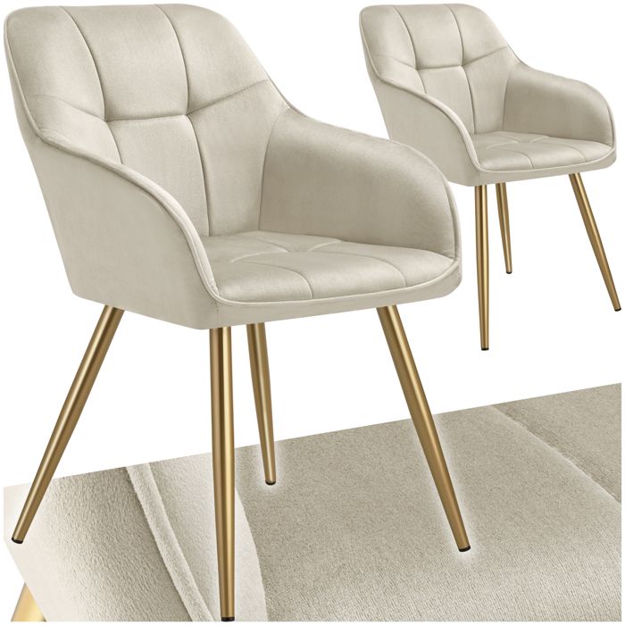 Chaises - TECTAKE - Lot de 2 fauteuils de salle à manger MARYLIN aspect velours avec pieds en acier doré - Crème/Or