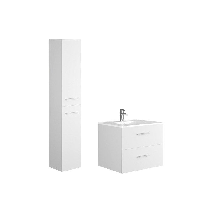 Meuble de salle de bain suspendu simple vasque avec colonne de rangement - Coloris blanc - 60 cm - KAYLA