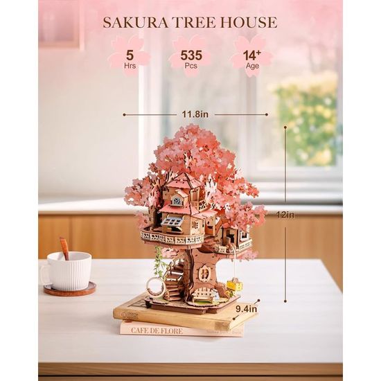 ROBOTIME - Puzzle 3D En Bois Sakura Tree House, Maquette Cabane Dans Les Arbres Japonaise, Décoration Adulte