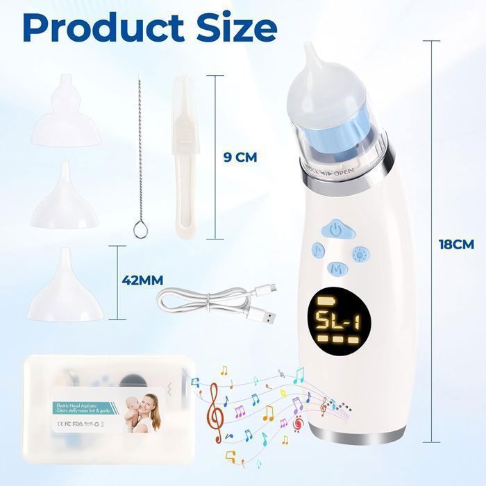 Aspirateur Nasal Bébé Électrique Rechargeable - 5 Niveaux Aspiration + 3 Embouts Silicone - Musique Et Lumière