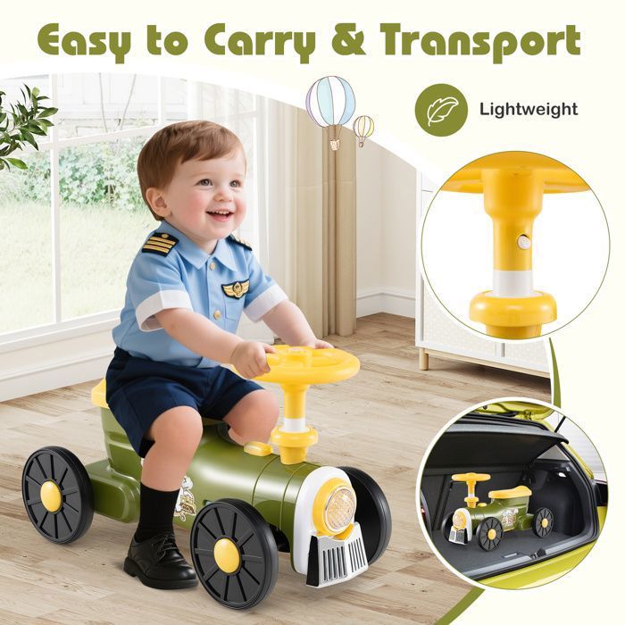 Porteur Enfant DREAMADE – Voiture à Pousser Avec Rugissement De Train, Rangement Caché Sous Le Siège – 18-36 Mois, Blanc/Vert