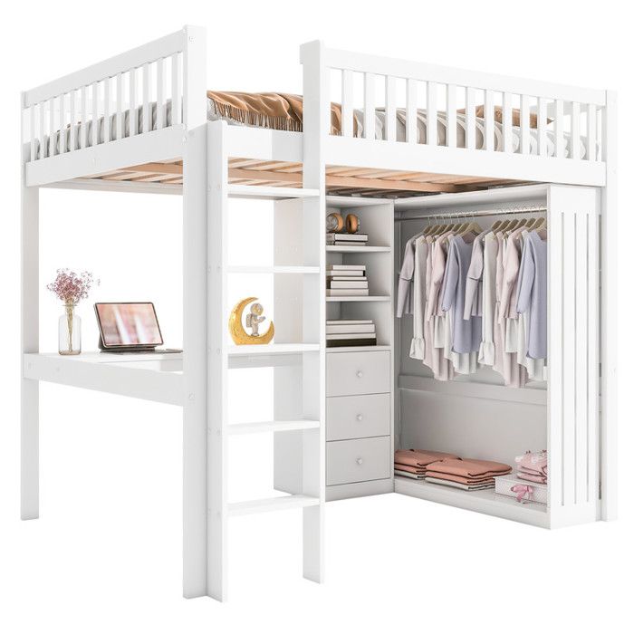 Lit avec bureau et rangements en blanc et chêne - GISELE