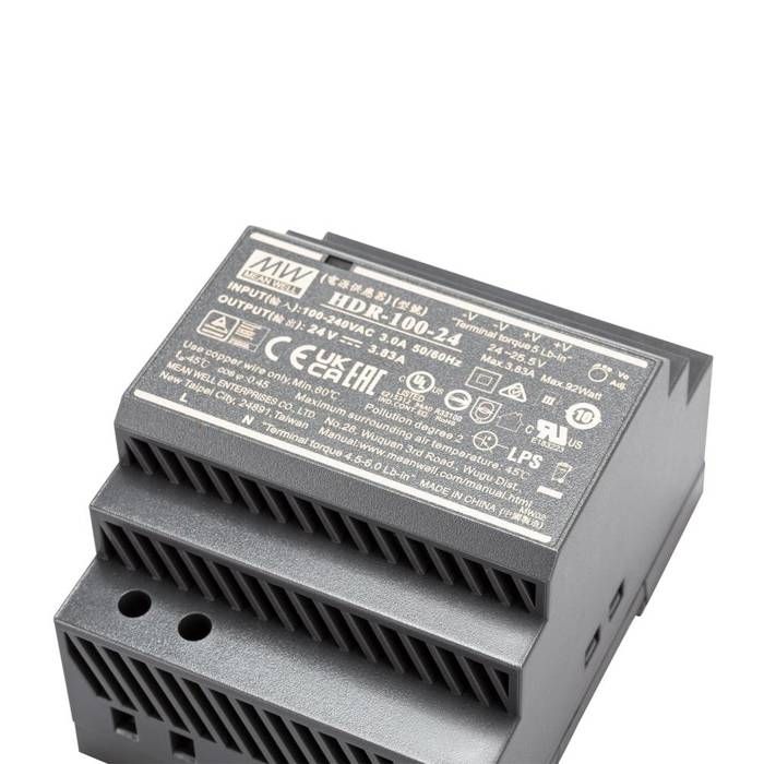HDR-100-24 | Alimentation pour rail DIN MEAN WELL, série HDR, 85 → 264 V ac, 120 → 370V c.c.in, 24V c.c.out 3.83A, 92W | RS