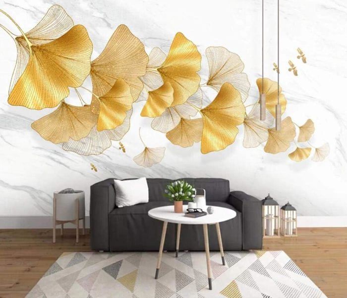 Papier Peint Panoramique intissé Plante De Feuille De Ginkgo Doré ...
