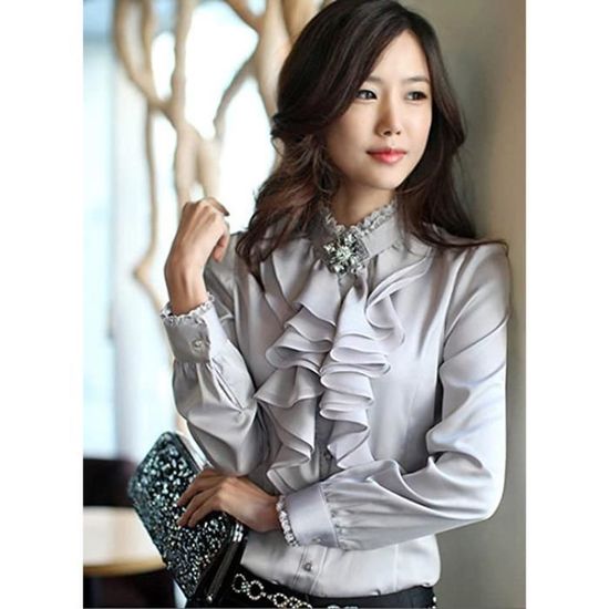 Chemisier Femme Chic Dentelle Gris Col debout Manches