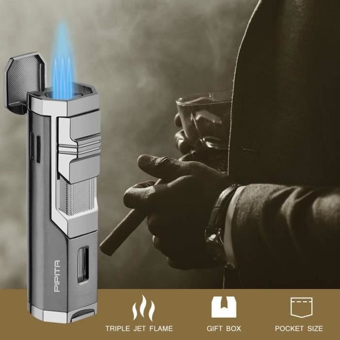 Briquet Torche Coupe-vent Butane Rechargeable - Flamme Rouge Réglable, Alliage Zinc + ABS - Parfait Pour Camping, Barbecue, Cadeau Homme - 7
