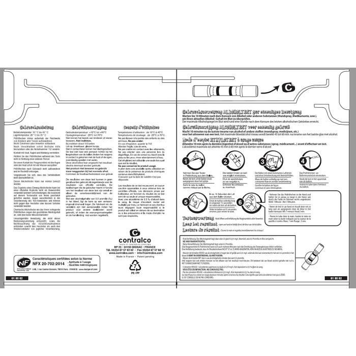 Ethylotest Jetable Contralco - Alcooltest Sans Chrome, Norme NF, Seuil 0.5g/L, Pour Conducteurs Confirmés (Lot De 20)