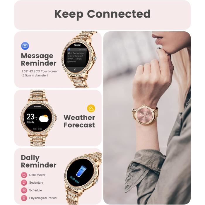 LIGE Montre Connectée Femme Élégante Avec Diamants – Appels Bluetooth, Suivi Santé & Fitness, Écran 1.32" HD, Rose Gold Chic Pour Android/iOS