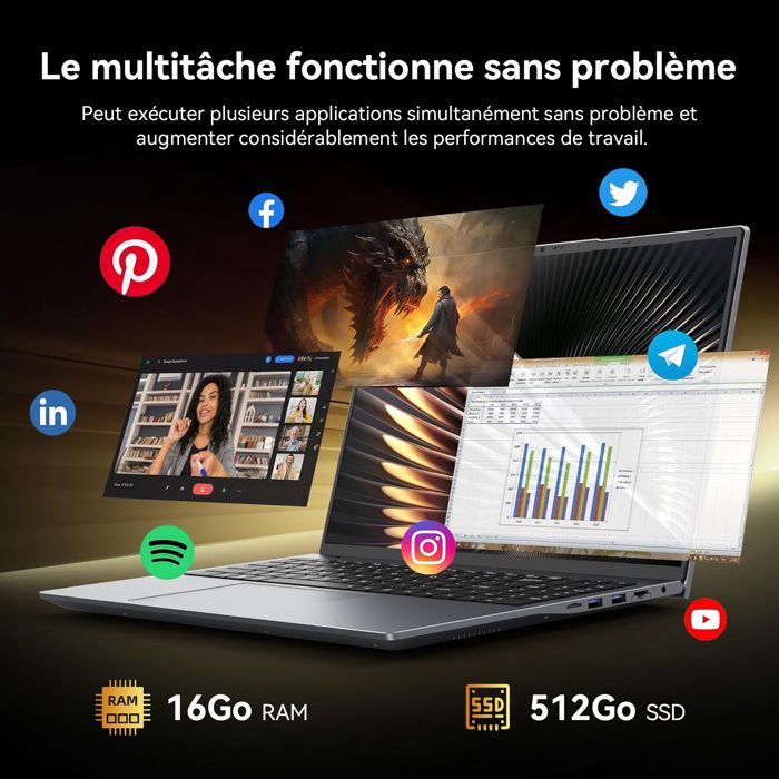 PC Portable 16" FHD - Intel Core i5-8210Y (Jusqu'à 3,6 GHz) - 16Go RAM ...