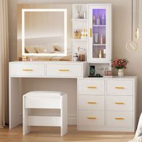 BEWISHOME Grande Coiffeuse avec Miroir Éclairage LED Réglable,Table de Maquillage avec Prises et BEWISHOME Grande Coiffeuse avec Miroir Éclairage LED Réglable,Table de Maquillage avec Prises et