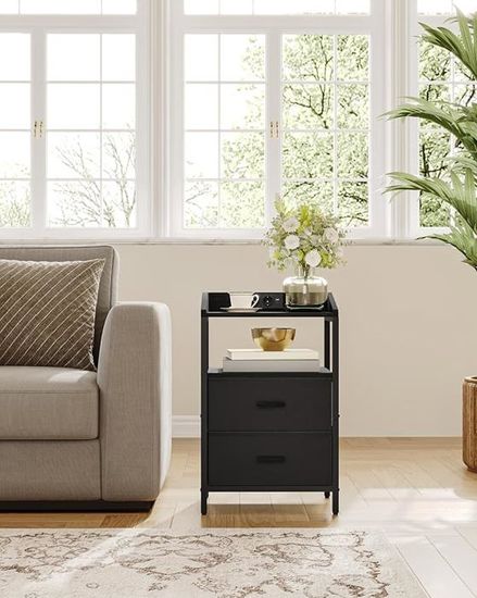 Table De Chevet 2 Pièces Avec Multiprise (2 Prises + 2 USB) Et LED Détecteur De Mouvement - Blanc, Rangement Tiroir - 2